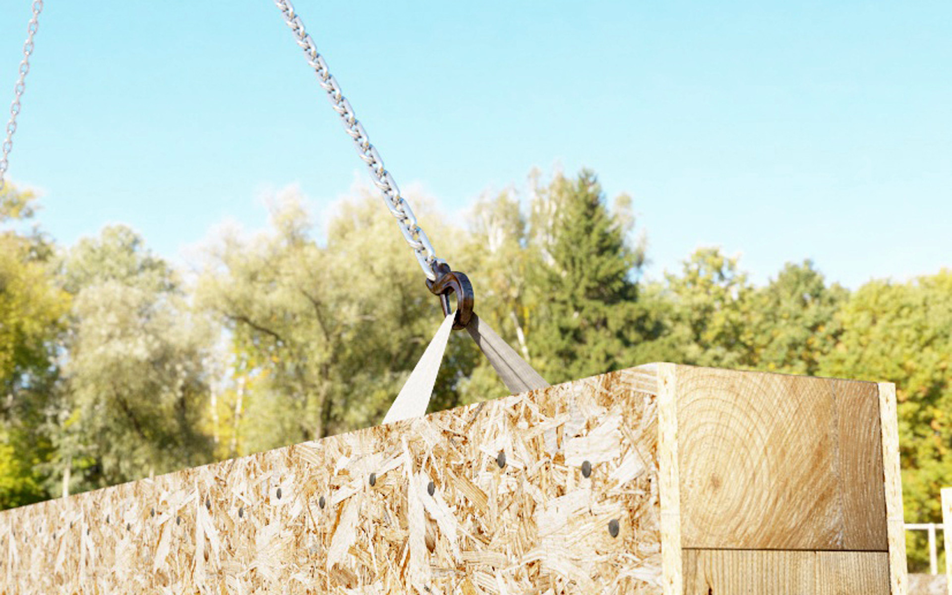 MANTIS reusable lifting strap installed in a timber frame wall panel during on-site handling and transport